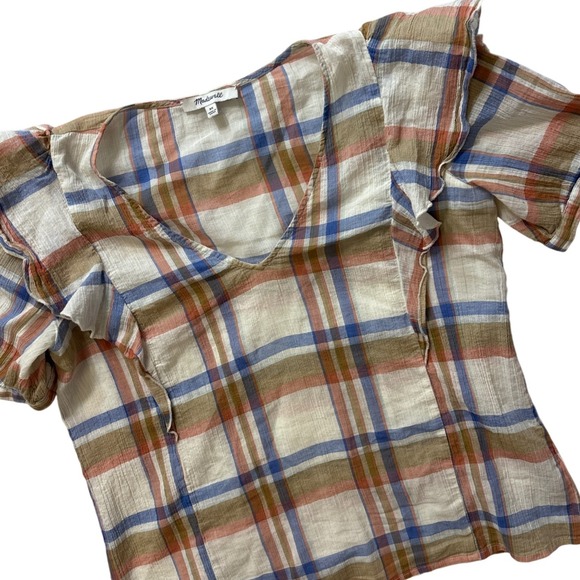 Madewell Tops - Madewell Plaid Ruffle Sleeve Top Blouse Womens XS Casual‎ Anthropologie